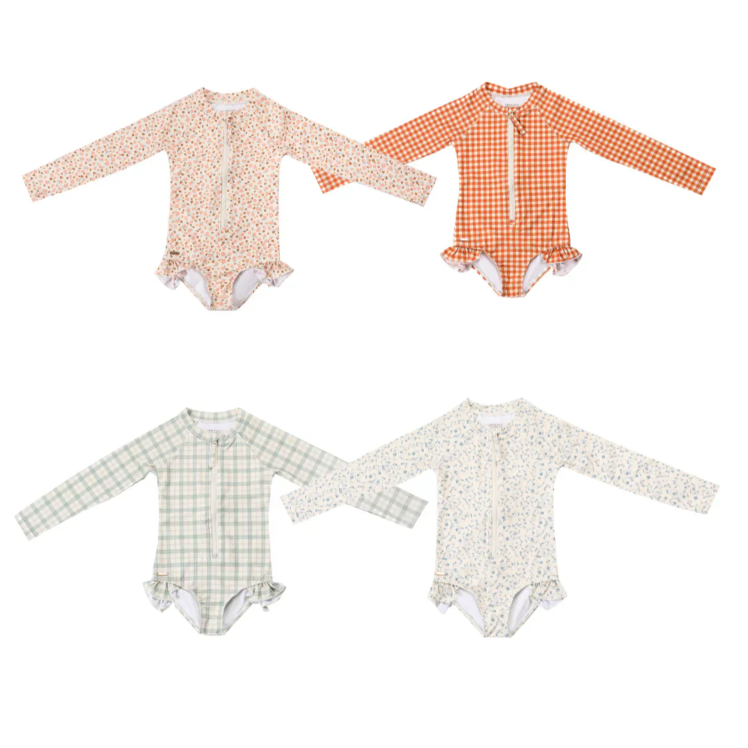 GRECH & CO. Long Sleeve Rashguard Ruffle Swimsuit | UPF + Recycled - Fern Plaid - Image 2