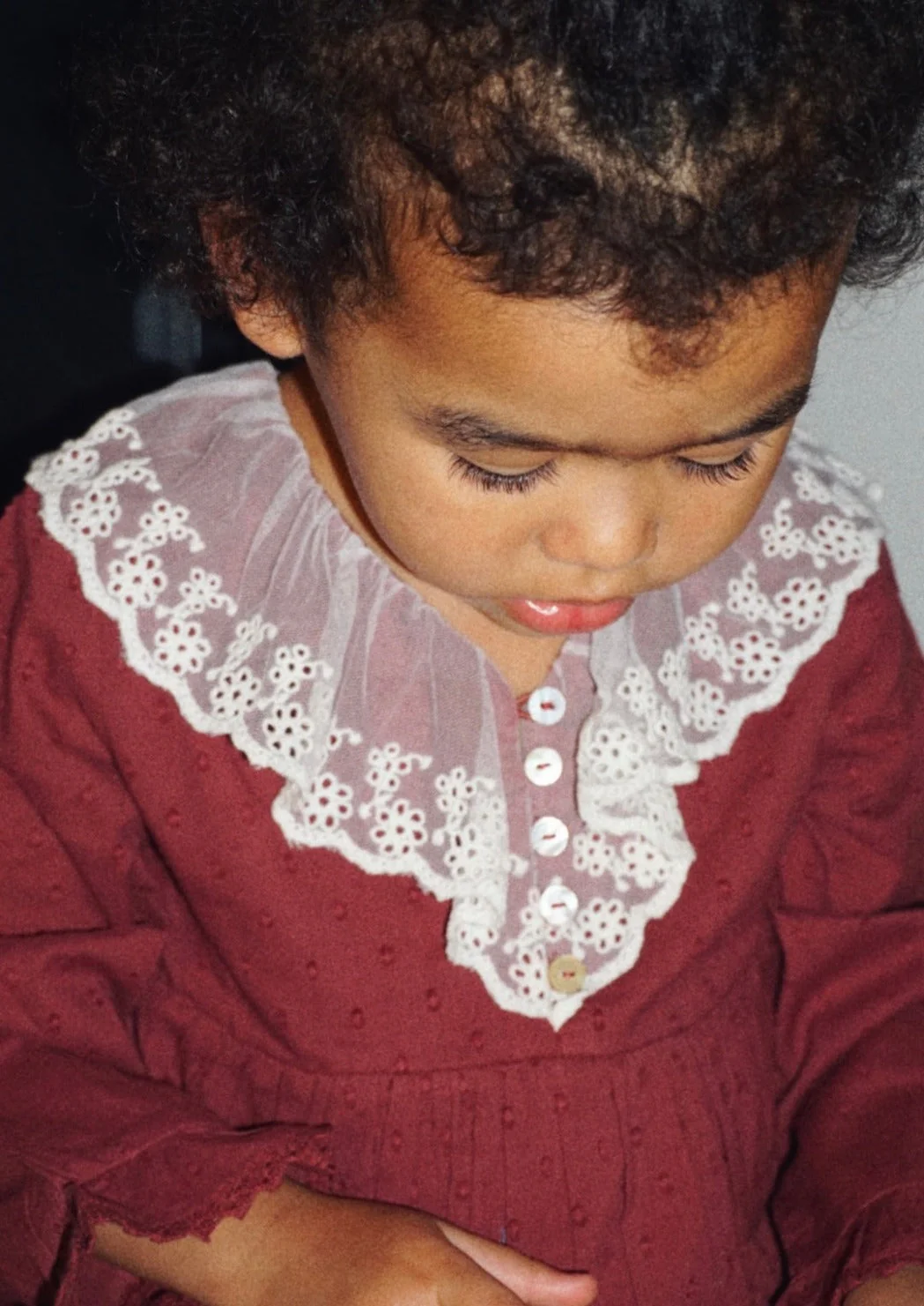 La Petit Lapin Harper | Swiss Dot Cotton Lace Dress | Merlot - Image 2
