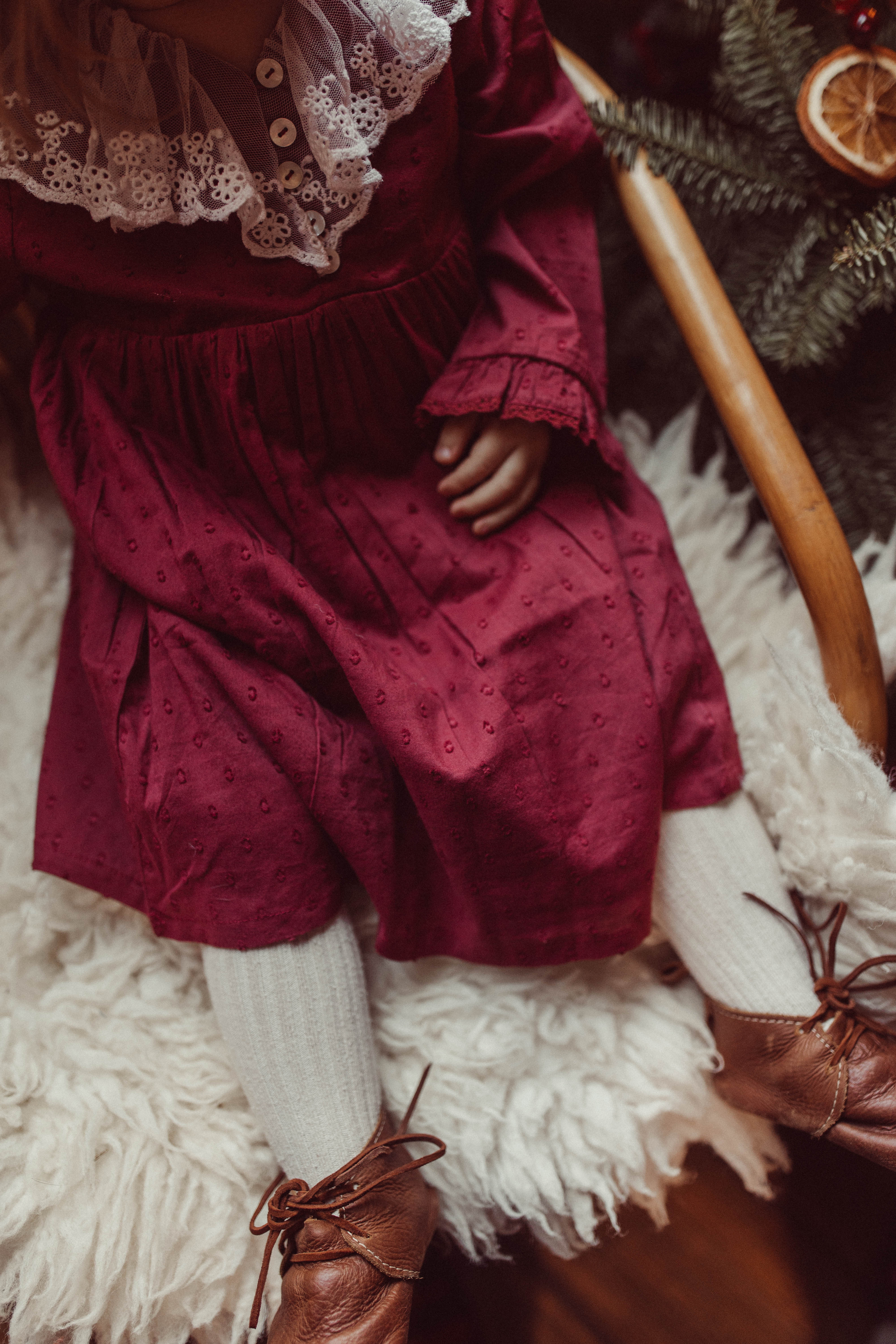 La Petit Lapin Harper | Swiss Dot Cotton Lace Dress | Merlot - Image 7