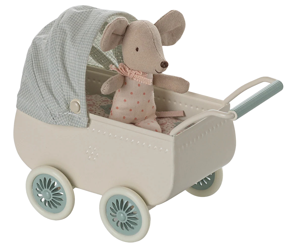 Maileg Pram with baby mouse - Mint - Image 3