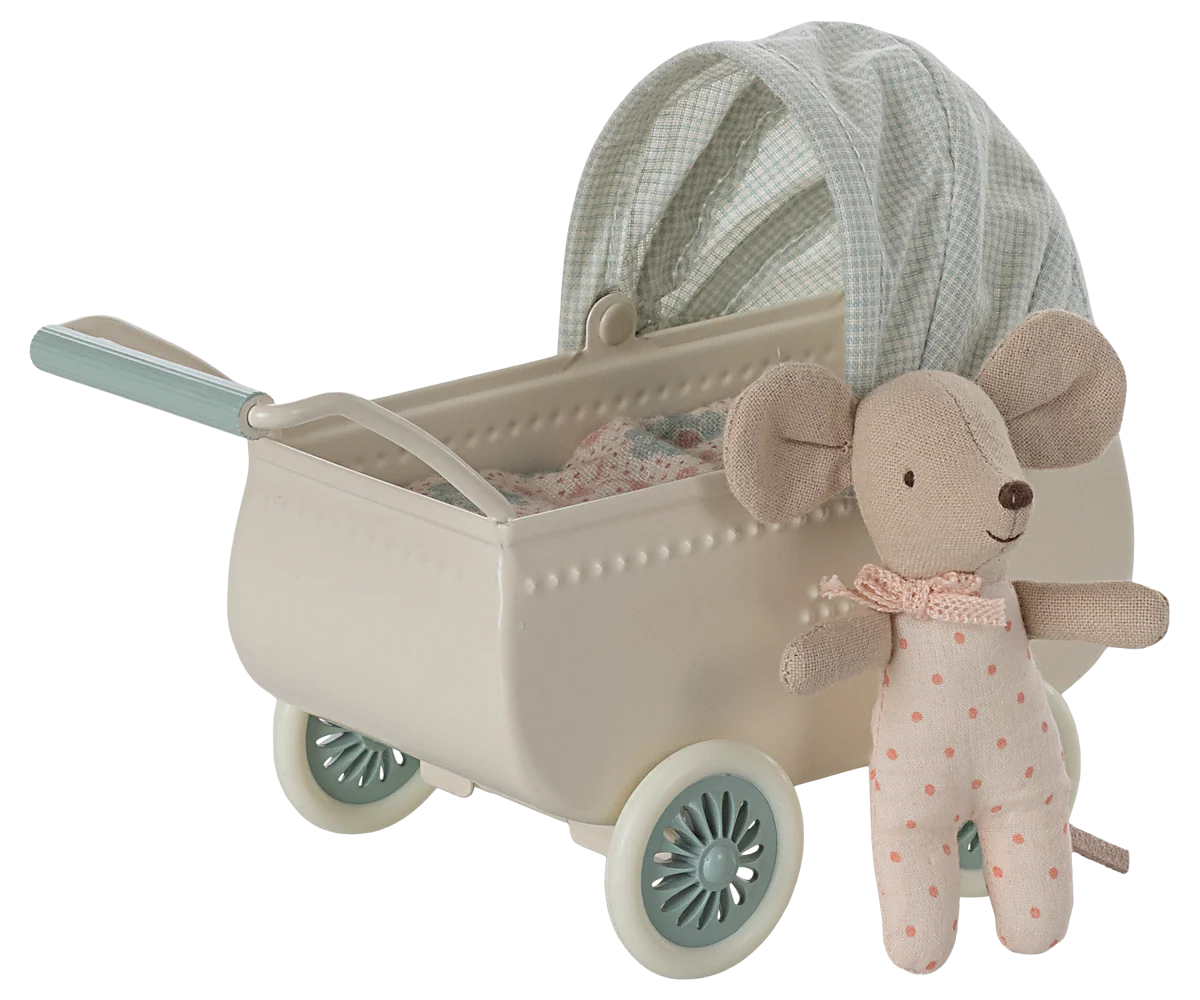 Maileg Pram with baby mouse - Mint - Image 4