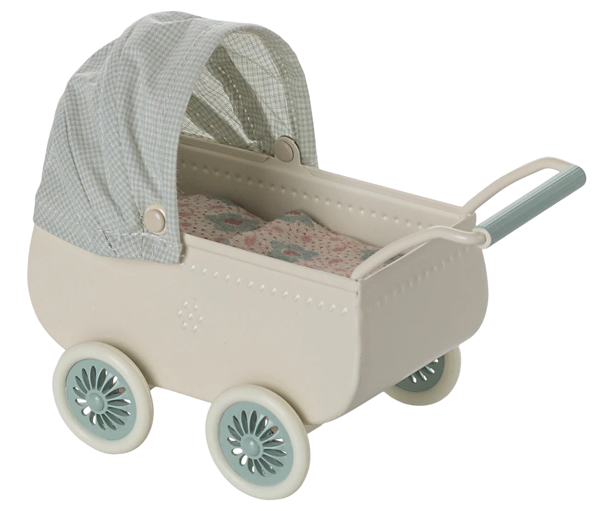 Maileg Pram with baby mouse - Mint - Image 5
