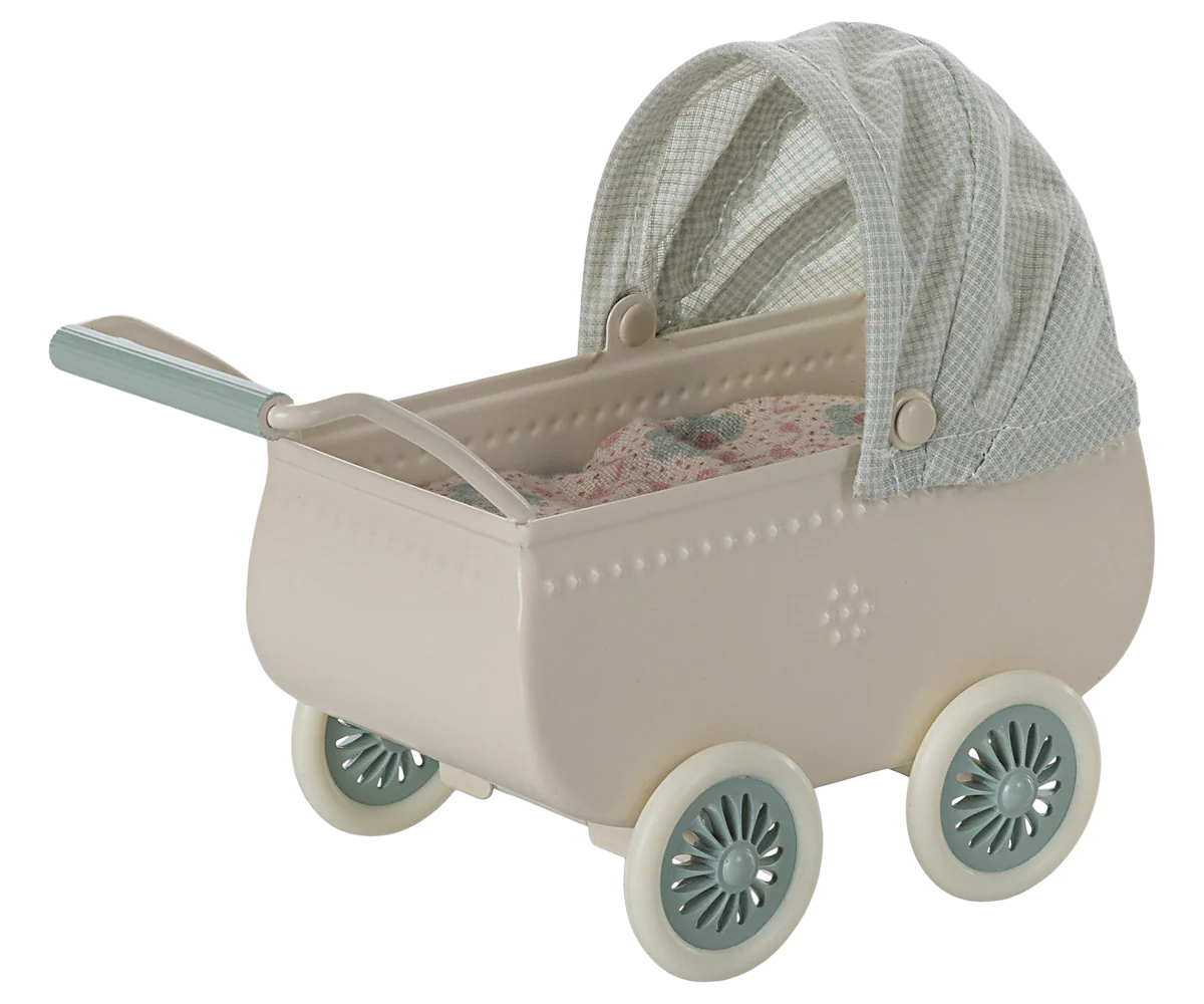 Maileg Pram with baby mouse - Mint - Image 6