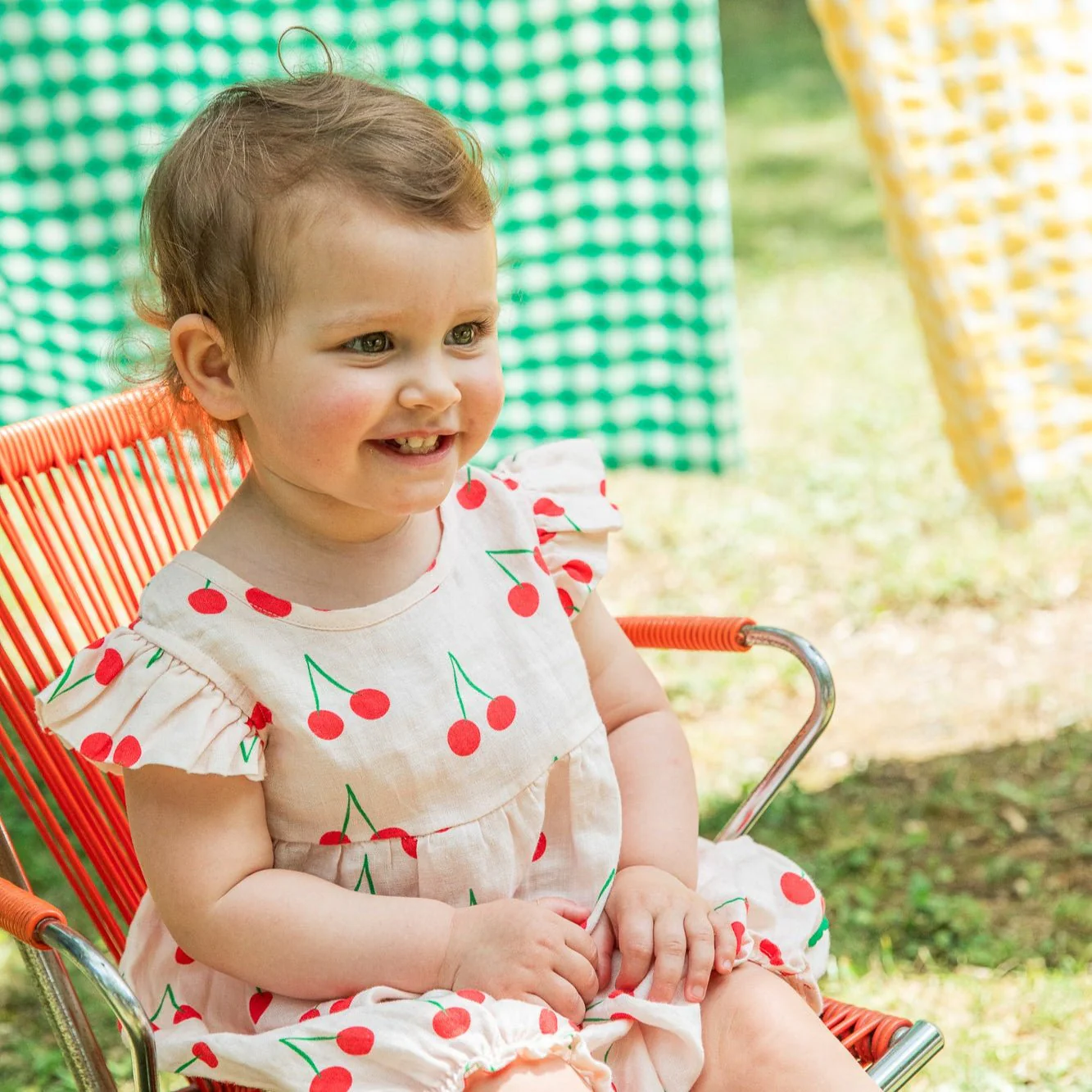 Mon Coeur Linen Cherry Ruffle Baby Romper - Image 2