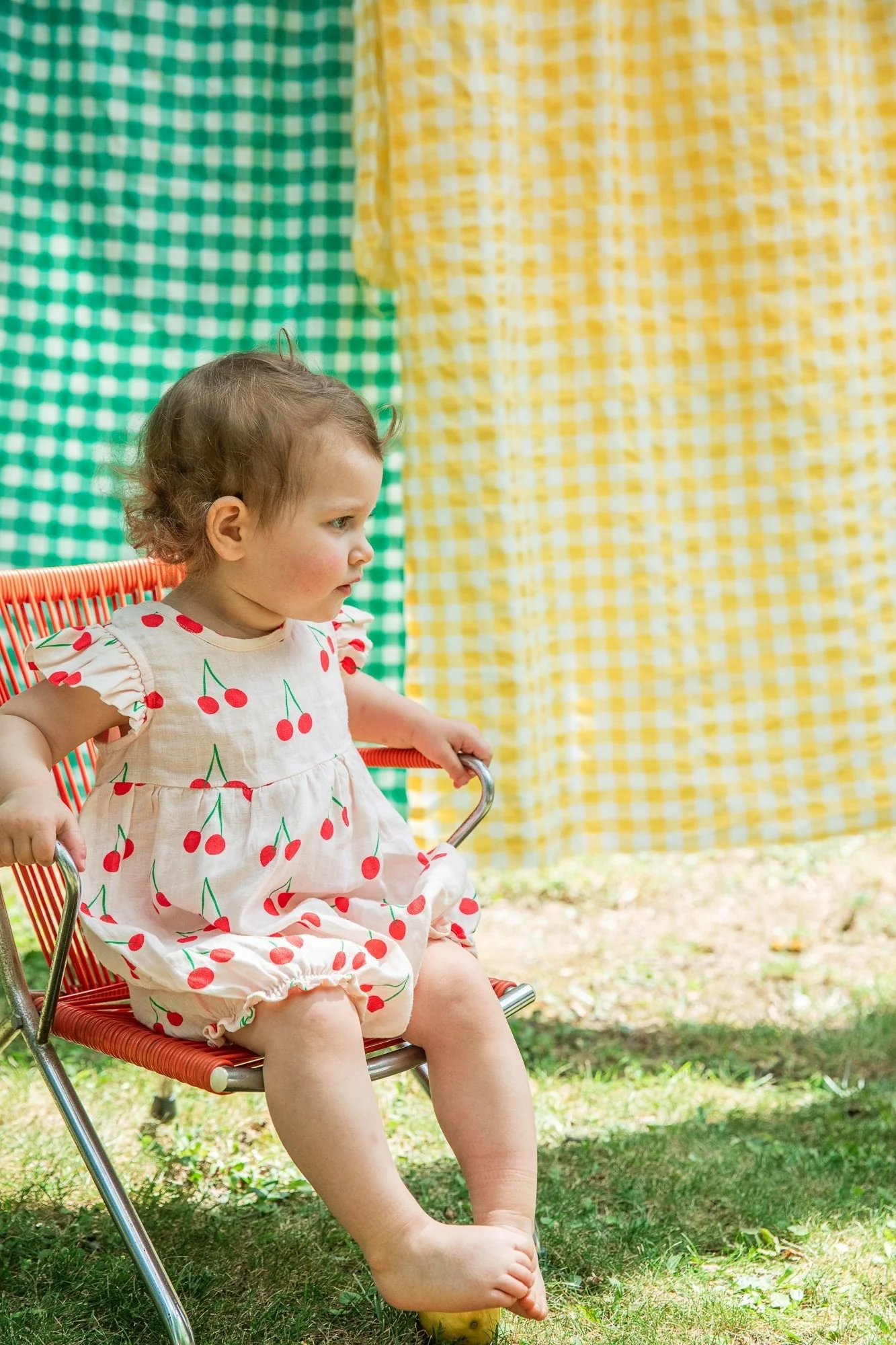 Mon Coeur Linen Cherry Ruffle Baby Romper - Image 6