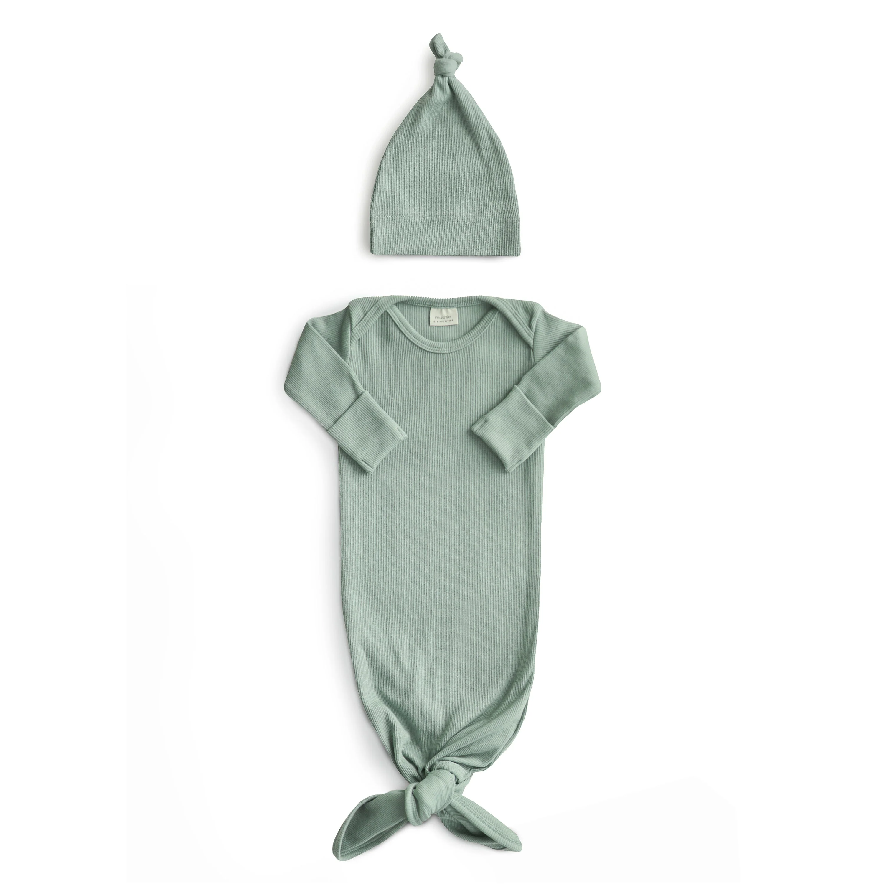 Mushie Ribbed Knotted Baby Gown + Beanie Set - Image 2