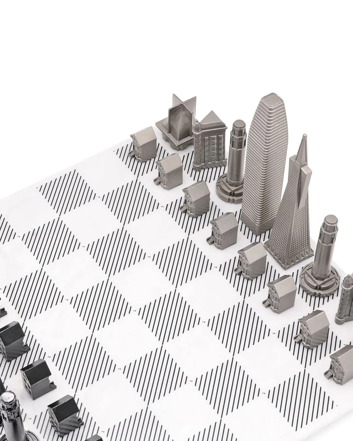 Skyline Chess Chess Set Stainless Steel SAN FRANCISCO Edition with Marble Hatch Board - Image 3